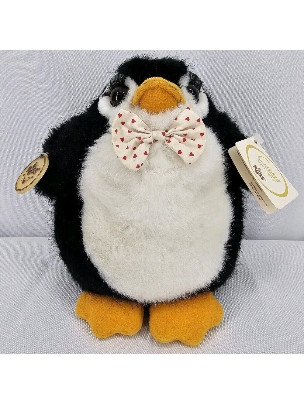 Vintage Russ Berrie Caress Soft Pet Penguin Plush Heart Bow Tie Black White 7.5